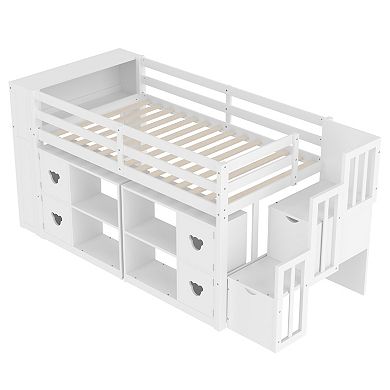 Whisen Low Loft Bed with Storage Headboard and Shelves