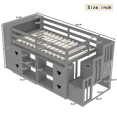 Whisen Low Loft Bed with Storage Headboard and Shelves