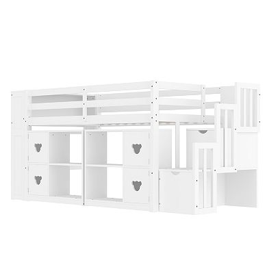 Whisen Low Loft Bed with Storage Headboard and Shelves