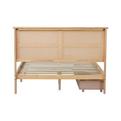 Whisen Full Size Bed with Rattan Headboard, 2 Storage Drawers and Enhanced Support Slats