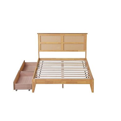 Whisen Full Size Bed with Rattan Headboard, 2 Storage Drawers and Enhanced Support Slats