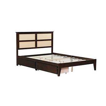 Whisen Full Size Bed with Rattan Headboard, 2 Storage Drawers and Enhanced Support Slats