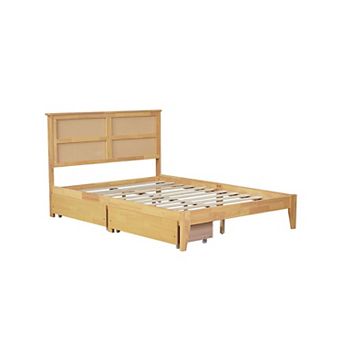 Whisen Full Size Bed with Rattan Headboard, 2 Storage Drawers and Enhanced Support Slats