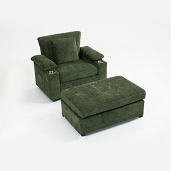 Whisen Modern Oversized Chair, Chenille Sofa with Ottoman, Cupholders and USB Charging Ports