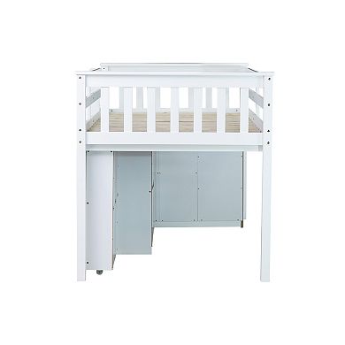 Whisen Twin Loft Bed with Storage Cabinet, Drawer and Shelf Cabinet and Pulling-Out Desk