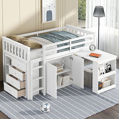 Whisen Twin Loft Bed with Storage Cabinet, Drawer and Shelf Cabinet and Pulling-Out Desk