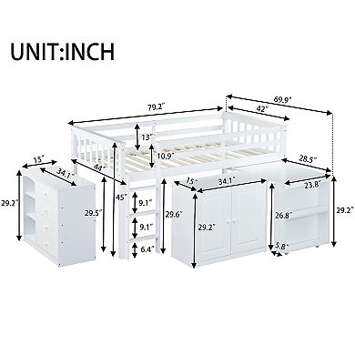 Whisen Twin Loft Bed with Storage Cabinet, Drawer and Shelf Cabinet and Pulling-Out Desk