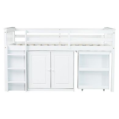 Whisen Twin Loft Bed with Storage Cabinet, Drawer and Shelf Cabinet and Pulling-Out Desk