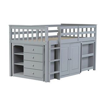 Whisen Twin Loft Bed with Storage Cabinet, Drawer and Shelf Cabinet and Pulling-Out Desk