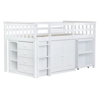 Whisen Twin Loft Bed with Storage Cabinet, Drawer and Shelf Cabinet and Pulling-Out Desk