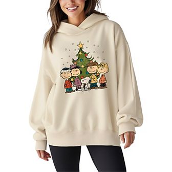 Women's Peanuts Christmas Group Oversized Fleece Oversized Fleece Hoodie Sweatshirt
