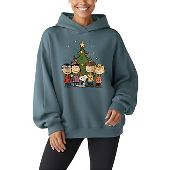 Women's Peanuts Christmas Group Oversized Fleece Oversized Fleece Hoodie Sweatshirt