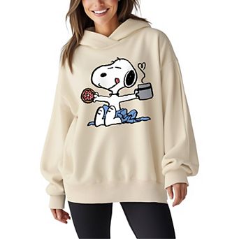 Women's Peanuts Snoopy Donut & Coffee Oversized Fleece Hoodie Sweatshirt