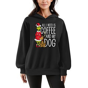 Women's Dr. Seuss All I Need Is Coffee & My Dog Oversized Fleece Hoodie Sweatshirt