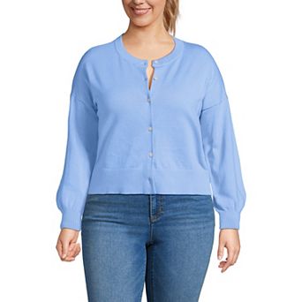 Pluse Size Lands' End Cropped Fine Gauge Crewneck Cardigan Sweater