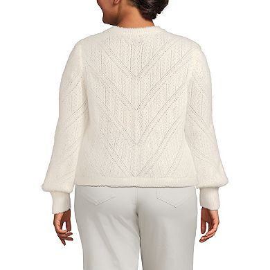 Plus Size Lands' End Eyelash Fuzzy Pointelle Puff Sleeve Sweater
