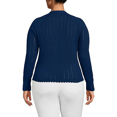 Plus Size Lands' End Cotton Pointelle Satin Trim Cardigan Sweater