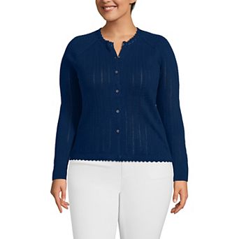 Plus Size Lands' End Cotton Pointelle Satin Trim Cardigan Sweater