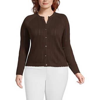 Plus Size Lands' End Cotton Pointelle Satin Trim Cardigan Sweater