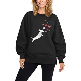 Women's Dachshund Chasing Hearts Oversized Fleece Crew Sweatshirt