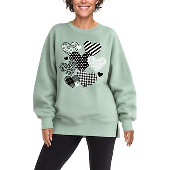 Women's Patterned Hearts Oversized Fleece Crew Sweatshirt