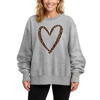 Women's Leopard Print Heart Outline Oversized Fleece Crew Sweatshirt