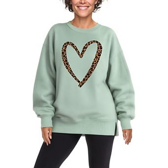 Women's Leopard Print Heart Outline Oversized Fleece Crew Sweatshirt