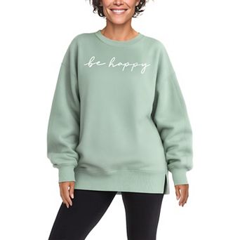 Women's Be Happy Script Oversized Fleece Crew Sweatshirt
