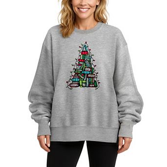 Women's Book Christmas Tree Oversized Fleece Crew Sweatshirt