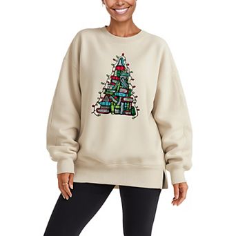 Women's Book Christmas Tree Oversized Fleece Crew Sweatshirt