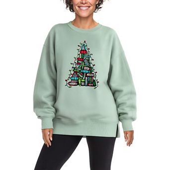 Women's Book Christmas Tree Oversized Fleece Crew Sweatshirt