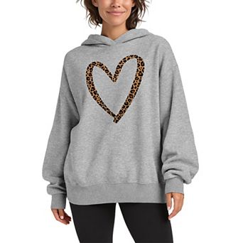 Women's Leopard Print Heart Outline Oversized Fleece Hoodie Sweatshirt