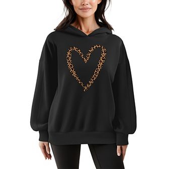 Women's Leopard Print Heart Outline Oversized Fleece Hoodie Sweatshirt