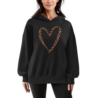 Women's Leopard Print Heart Outline Oversized Fleece Hoodie Sweatshirt