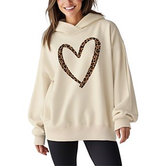 Women's Leopard Print Heart Outline Oversized Fleece Hoodie Sweatshirt