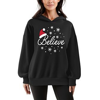 Women's Believe With Santa Hat Oversized Fleece Hoodie Sweatshirt