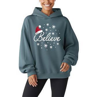 Women's Believe With Santa Hat Oversized Fleece Hoodie Sweatshirt