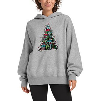 Women's Book Christmas Tree Oversized Fleece Hoodie Sweatshirt