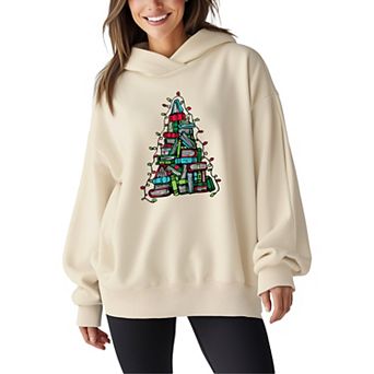 Women's Book Christmas Tree Oversized Fleece Hoodie Sweatshirt