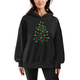 Women's Paw Print Christmas Tree Oversized Fleece Hoodie Sweatshirt