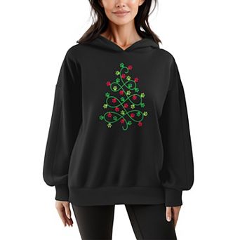 Women's Paw Print Christmas Tree Oversized Fleece Hoodie Sweatshirt