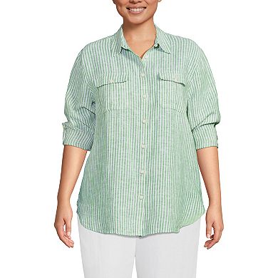 Plus Size Lands' End Linen Roll Sleeve Relaxed Tunic Top