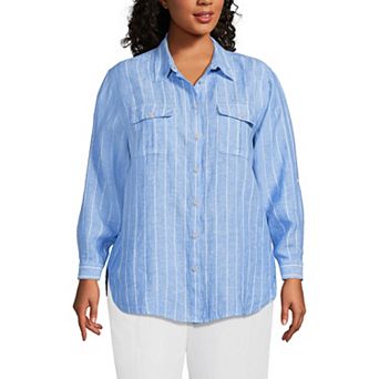 Plus Size Lands' End Linen Roll Sleeve Relaxed Tunic Top