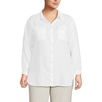 Plus Size Lands' End Linen Roll Sleeve Relaxed Tunic Top