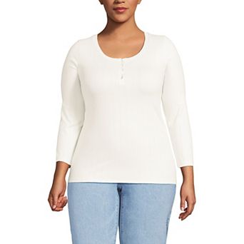 Plus Size Lands' End 3/4 Sleeve Variegated Micro Rib Henley
