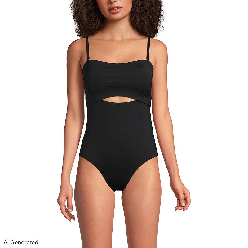 Women's Lands' End Bandeau Cut Out One-Piece Swimsuit, Size: Large, Black