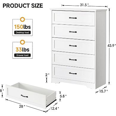 5-Drawer Dresser with Deep Drawers, Modern Wood Closet Organizer & Storage for Bedroom, Living Room