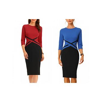 2 Packs Women's Sheath Dresses Contrast Color 3/4 Sleeve Bodycon Work Office Pencil Dress