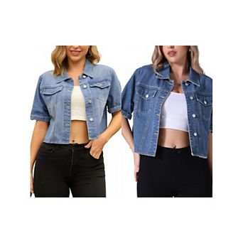 2 Packs Women's Denim Jackets Casual Turndown Collar Short Sleeve Button Crop Jean Jacket