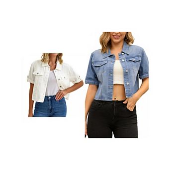 2 Packs Women's Denim Jackets Casual Turndown Collar Short Sleeve Button Crop Jean Jacket